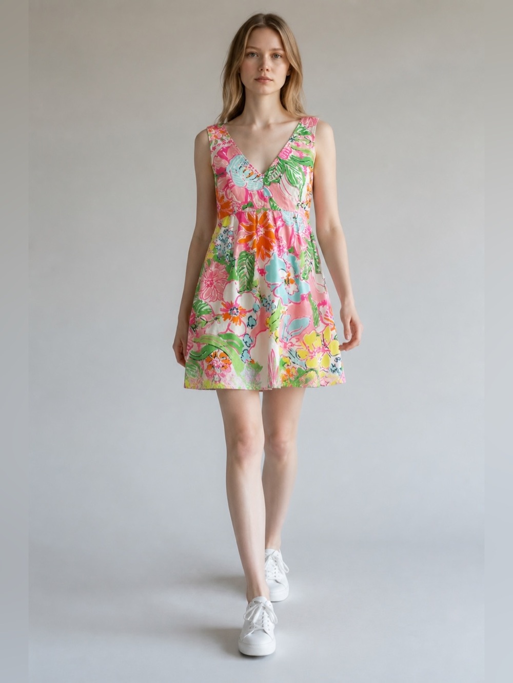 Lilly Pulitzer V-Neck Floral Mini Dress in Pink, Green, Yellow Size S/P